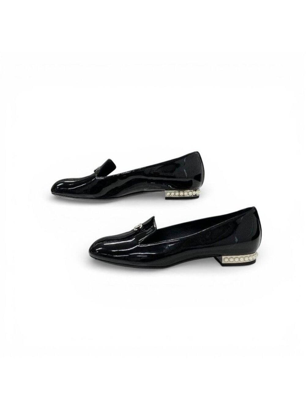 Chanel Loafers Leather Shoes Patent Black Silver CC Logo Pearl Opera Flat - Picture 3 of 10